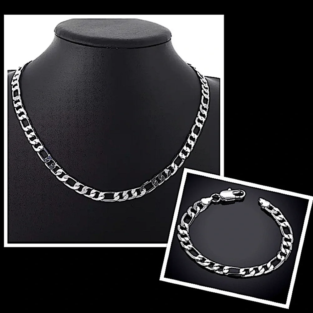 SILVER CUBAN FIGARO CHAIN LINK NECKLACE + BRACELET STERLING STMP .925  SET